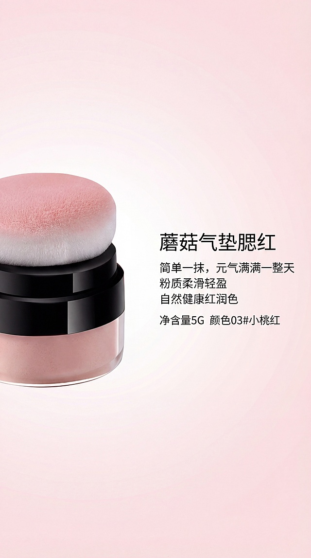 淘宝商品主图，左图右文布局，左侧放置蘑菇气垫腮红产品，右侧添加卖点文案“蘑菇气垫腮红，简单一抹，元气满满一整天，粉质柔滑轻盈，自然健康红润色，净含量5G 颜色03#小桃红”，整体风格简约干净不花哨，突出产品，浅粉色渐变背景，分辨率4K