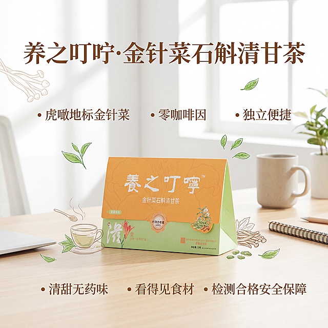 电商商品主图，主体商品为养之叮咛·金针菜石斛清甘茶（代用茶）包装盒，保留原包装盒不修改，添加商品名称文字"养之叮咛·金针菜石斛清甘茶"，添加核心卖点文字：虎噉地标金针菜、零咖啡因、独立便捷、清甜无药味、看得见食材、检测合格安全保障，场景为休闲办公区，浅米黄+清新绿主色调，简约手绘+干净实景，轻养生松弛感，1:1正方形构图，4K画质