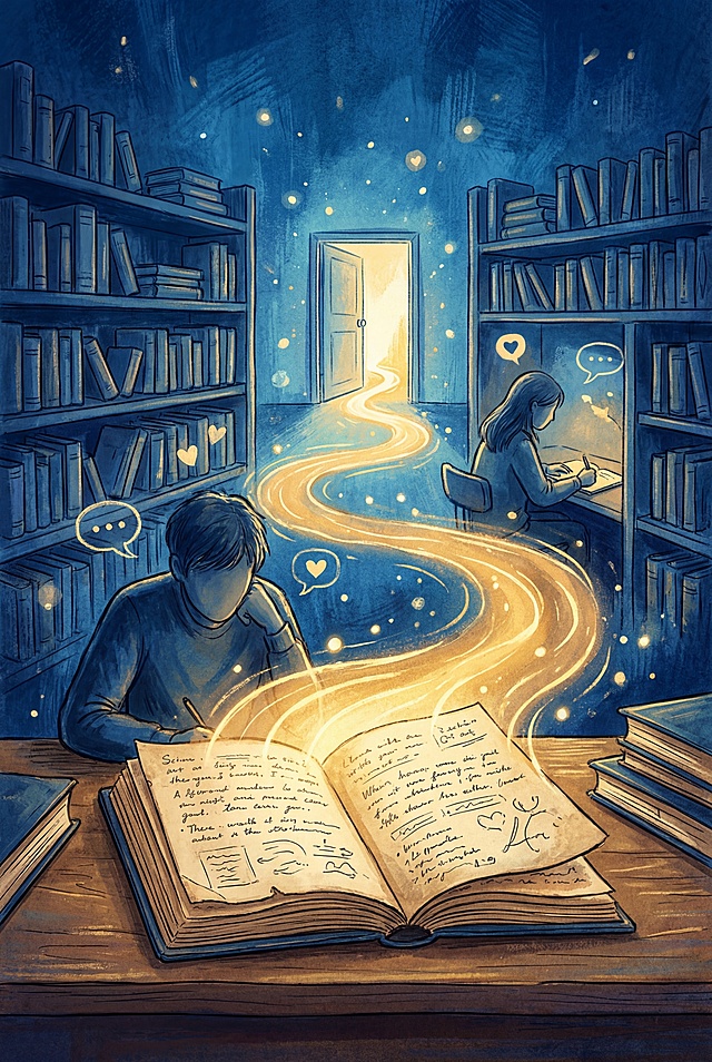 从头到尾重新生成A3尺寸的《回声》短片海报，不添加任何文字，内容贴合故事：大学生在图书馆发现匿名漂流笔记本，和陌生同学文字交流建立情感连接，核心是匿名善意，蓝色氛围感，视觉风格丰富有质感，包含打开的笔记本、发光路径、通向远方的门这些核心视觉元素，低AI感，自然手绘质感