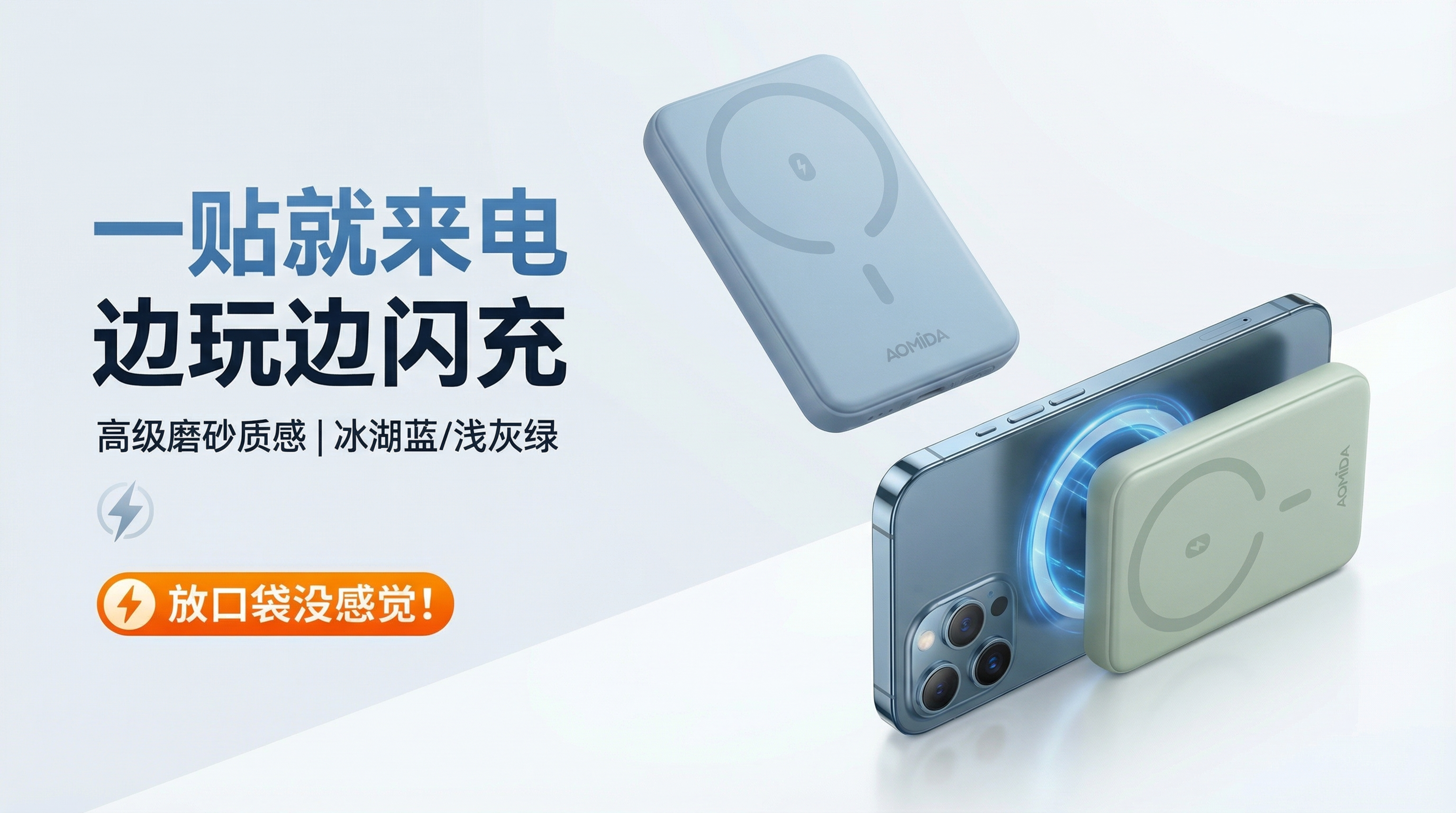 奥米达磁吸充电宝宣传图，保持原有产品、颜色、品牌logo和文案… - 图片创意预览