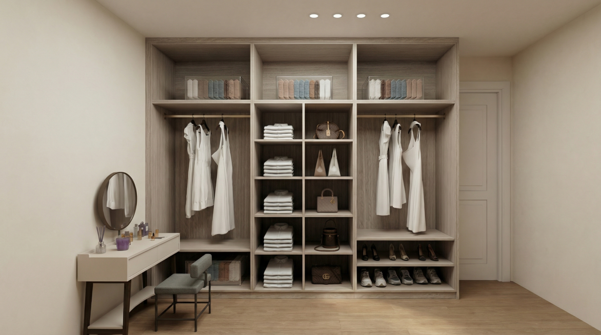 以图1为材质与风格基准（原木哑光柜体、香槟金衣通、哑光暖白梳妆台、浅棕木地板、顶部筒灯），但整体布局与物品摆放严格按图2重构：左侧为挂衣区+抽屉；中间为叠放区+包袋收纳格；右侧为挂衣区+鞋履层板；梳妆预览效果