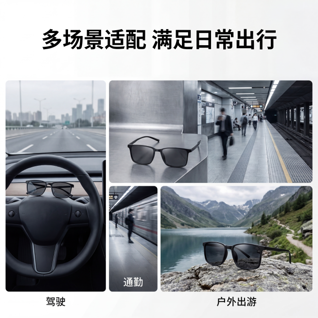 [主图 8] 近视墨镜适用场景展示，产品外观必须和原图保持100%一致，风格延续极简冷淡硬质工业风，拼接三张不同场景小图：驾驶、通勤、户外出游，每张图里都有这款黑框近视墨镜，文字标注「多场景适配 满足预览效果