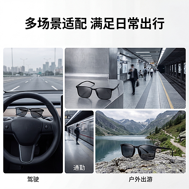 [主图 8] 近视墨镜适用场景展示，产品外观必须和原图保持100%一致，风格延续极简冷淡硬质工业风，拼接三张不同场景小图：驾驶、通勤、户外出游，每张图里都有这款黑框近视墨镜，文字标注「多场景适配 满足日常出行」，文字放在顶部留白位置，不遮挡产品展示，光影风格整体保持一致。