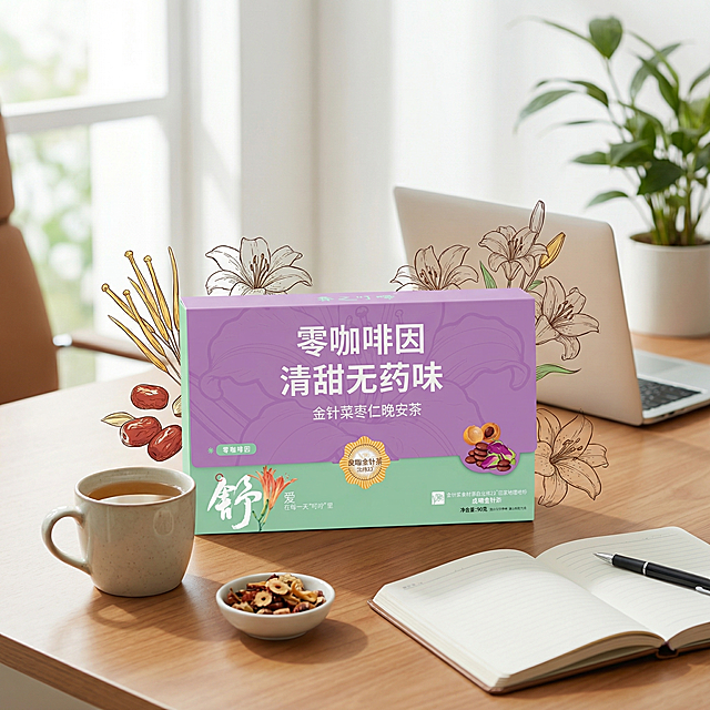 商品主图，养之叮咛·金针菜枣仁晚安茶整盒产品，突出零咖啡因卖点，文字标注'零咖啡因 清甜无药味'，摆放在干净简约的行政办公区桌面上，简约手绘+干净实景风格，轻养生松弛感，1:1构图，4K高清