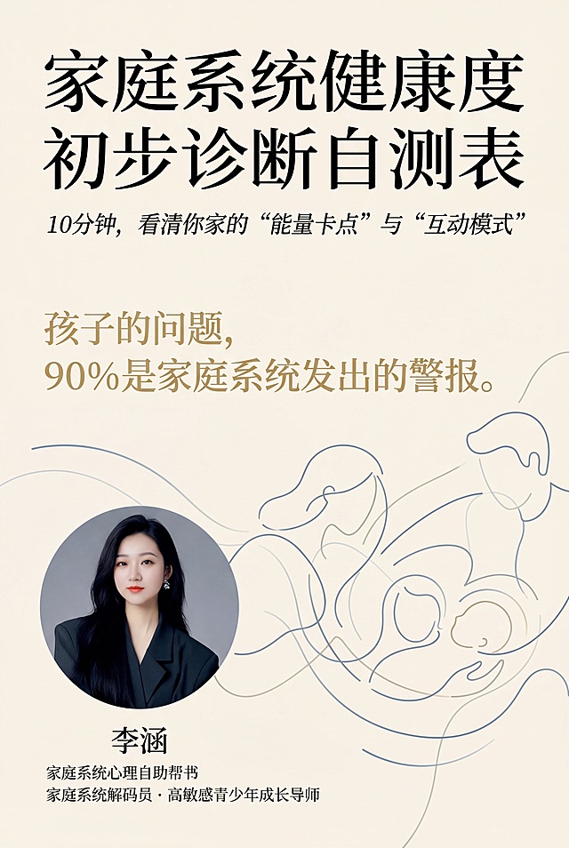 设计一本畅销书的书籍封面，风格简约高级有设计美感。包含文字内容：主标题“家庭系统健康度初步诊断自测表”，副标题“10分钟，看清你家的“能量卡点”与“互动模式”，作者信息“李涵 | 家庭系统解码员 · 高敏感青少年成长导师”，核心金句“孩子的问题，90%是家庭系统发出的警报。”左下角放置作者人像，排版专业高级，适合心理学自助类畅销书风格