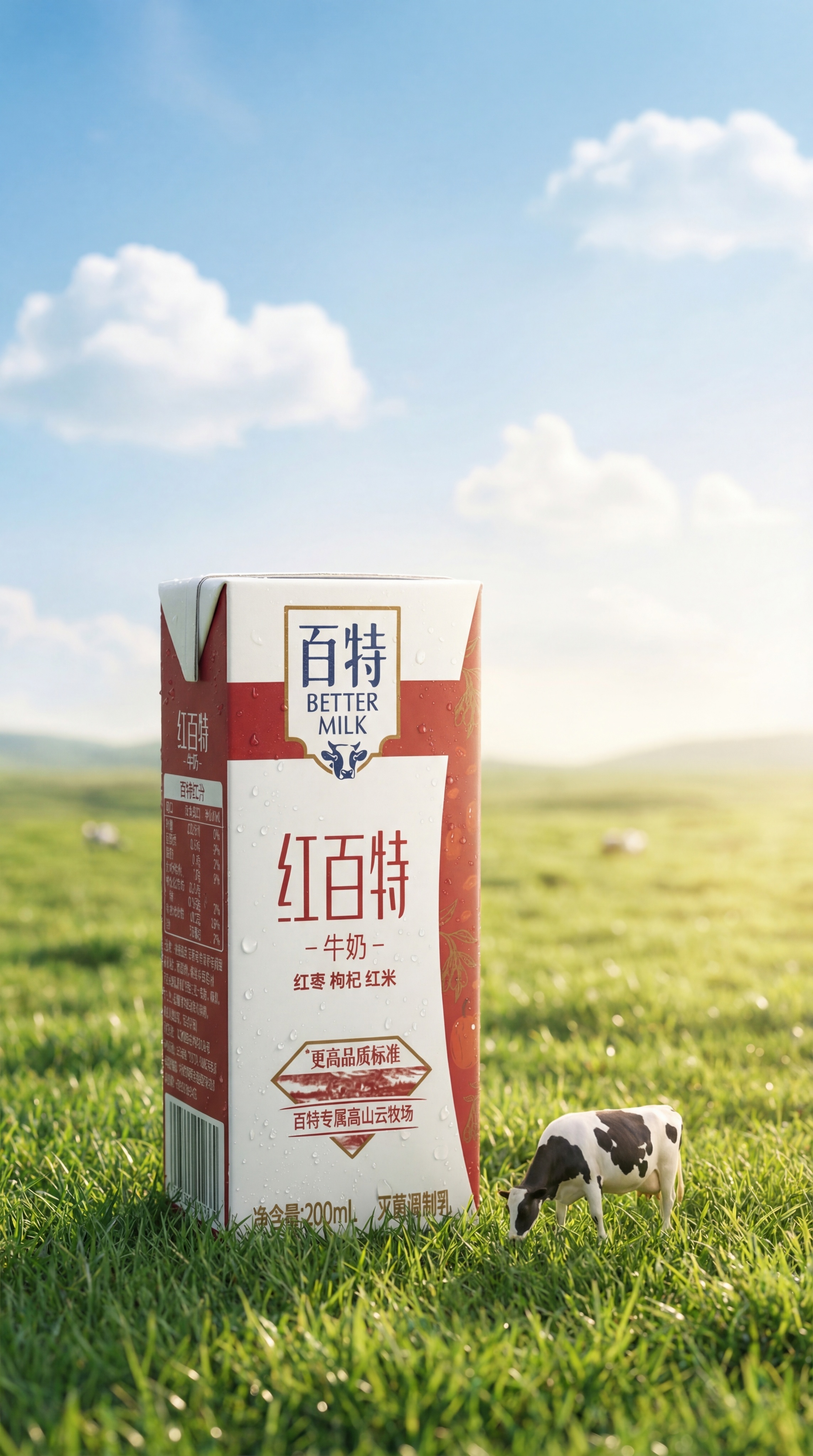 百特红牛奶电商海报，百特红牛奶包装盒放在青青草地上，背景是蓝天… - 图片创意预览