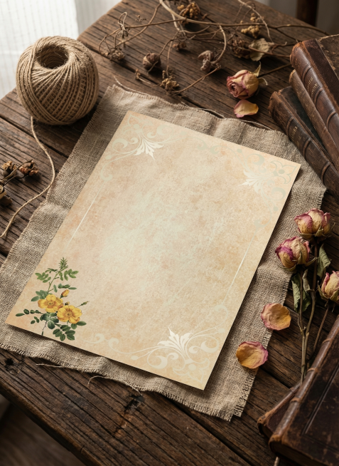 超写实静物摄影，俯拍45°视角，参考图中的A4信纸（带有黄色花卉角纹和浅色卷草边框，做旧泛黄底色）平铺在做旧亚麻纱布上，纱布铺在深棕色复古做旧木质桌面上；画面右侧点缀干枯玫瑰花，复古书本，左上角放置一预览效果