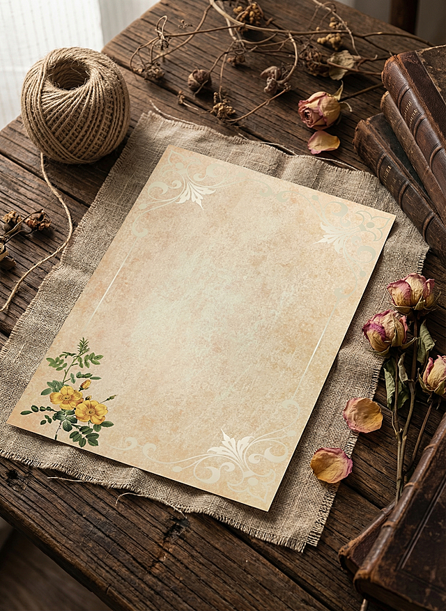 超写实静物摄影，俯拍45°视角，参考图中的A4信纸（带有黄色花卉角纹和浅色卷草边框，做旧泛黄底色）平铺在做旧亚麻纱布上，纱布铺在深棕色复古做旧木质桌面上；画面右侧点缀干枯玫瑰花，复古书本，左上角放置一团天然黄麻绳球，背景散落干枯藤条与植物枝叶；整体呈现自然森系、侘寂风、ins风美学，柔和漫射自然光从画面左上方洒落，形成细腻光影层次，突出纸张的纹理、纱布的粗糙肌理、木头的年轮纹理与花朵的鲜活质感；高细节、8K分辨率、专业商业静物摄影质感，景深适中，主体清晰锐利，背景柔和虚化，无任何文字、无水印、无多余元素，色彩温暖治愈，色调柔和高级，氛围感拉满，信纸保持参考图原有样式