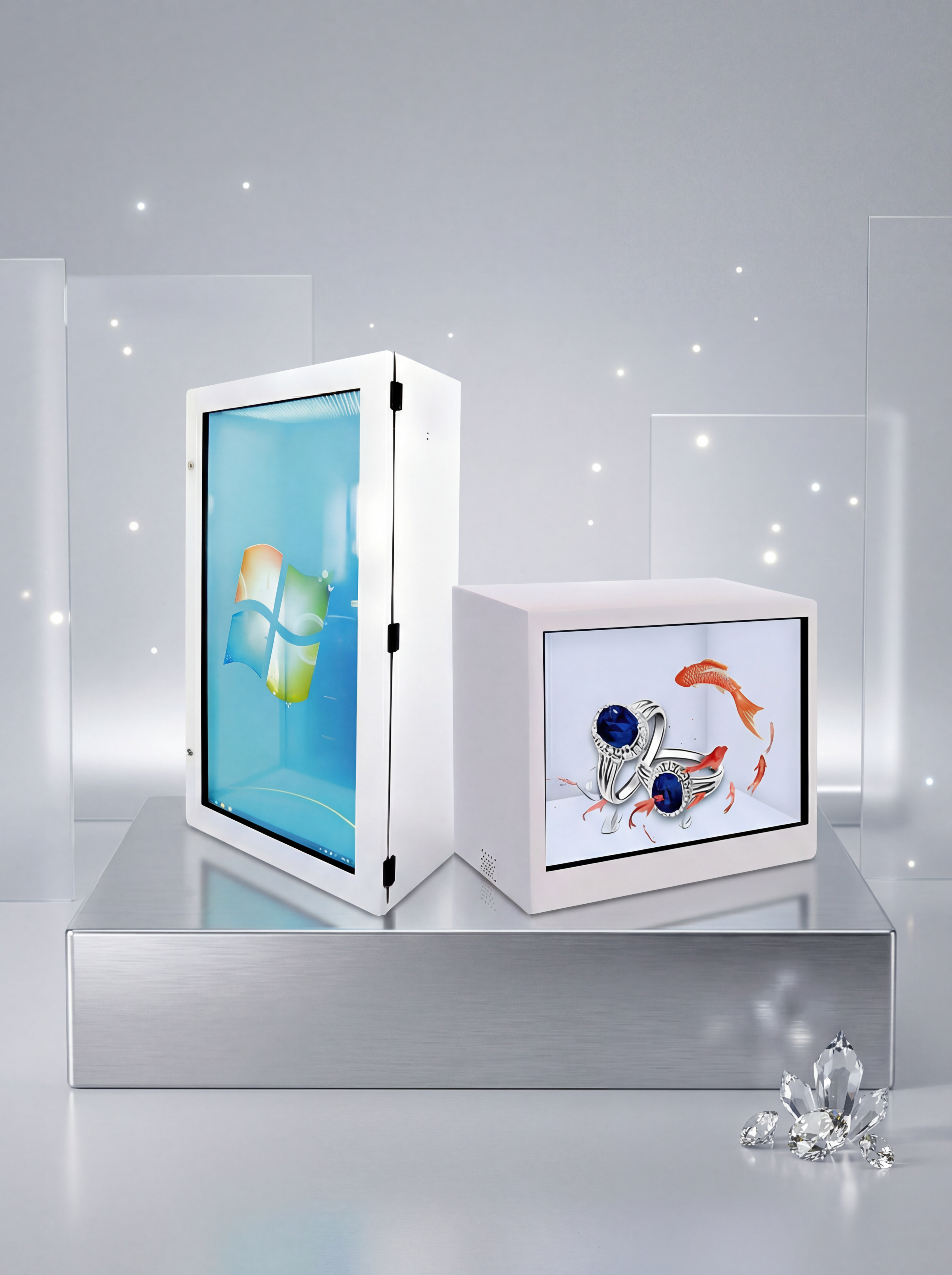 白色外壳透明屏展示柜，包含立式和卧式两款产品，保持物理结构绝对… - 图片创意预览