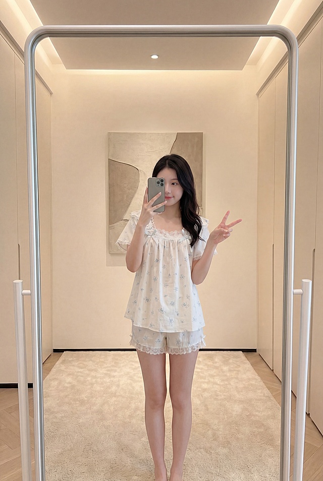 在原图基础上添加一个全身镜，呈现对镜自拍效果：镜子位于画面正前方，镜面清晰反射出人物正面全身影像（包括手机、手势、衣着与背景），镜框为极简窄边金属或哑光白设计，与现代轻奢室内风格协调；确保镜中反射内容与现实人物一致，光线自然，无畸变，整体保持小清新温柔风格，色调柔和