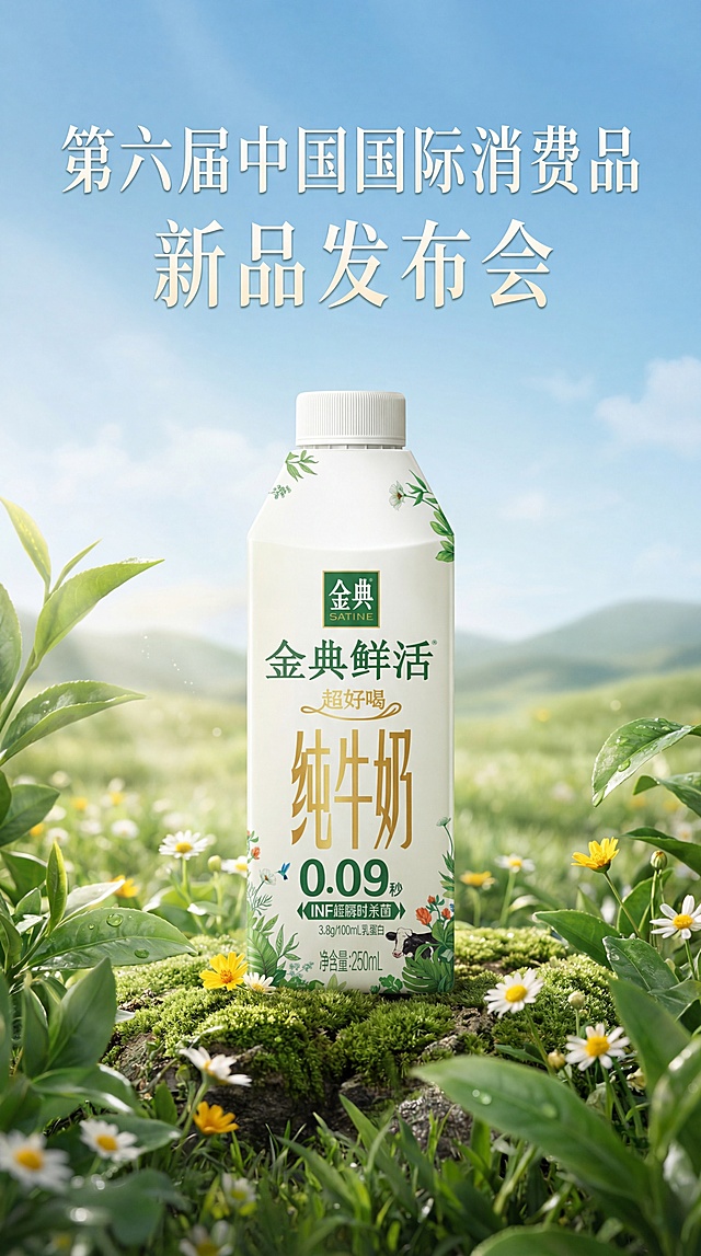 第六届中国国际消费品展览会新品发布会宣传海报，主体展示金典鲜活纯牛奶产品，高端清新绿色自然风格，顶部添加标题文字"第六届中国国际消费品展览会新品发布会"，整体设计简洁大气，适合活动宣传，海报尺寸竖版
