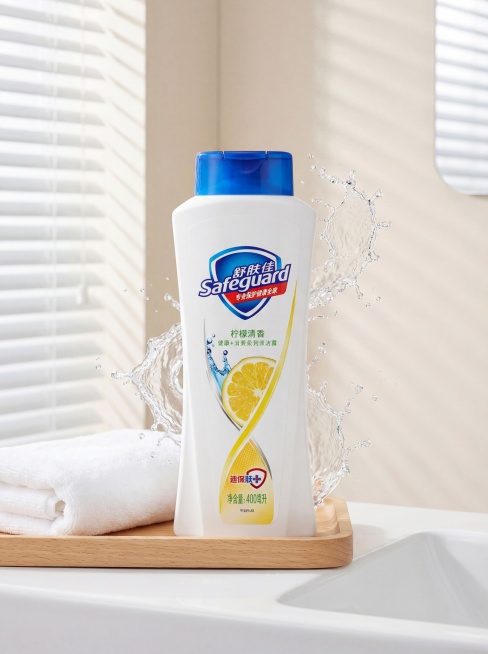 保持舒肤佳柠檬清香沐浴露瓶身结构和品牌文字信息完全不变，将原图背景更换为极简干净的浴室场景，放置在浅白色陶瓷洗手台上，搭配原木托盘和纯白棉毛巾，背景是透进百叶窗柔光的米白色墙面，用极高明度的无影柔白光预览效果