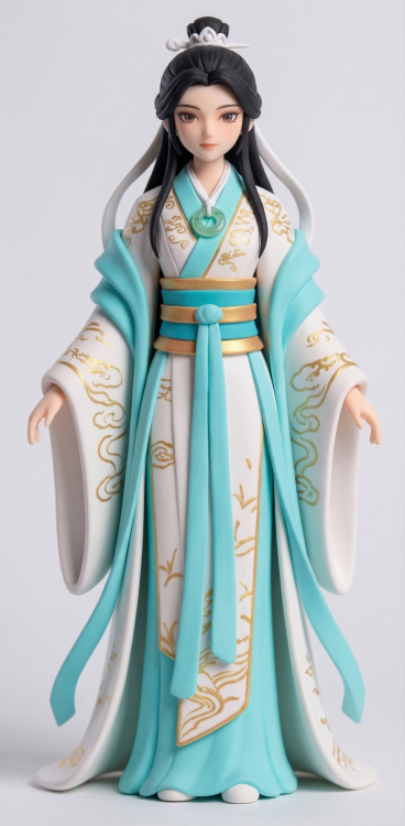 为第一张图的手办更换为第二张图的师青玄的发型和古风衣服，保持第一张图手办的粘土材质、女性人偶造型和整体站姿，保持整体风格一致性，浅色背景，精致光影预览效果