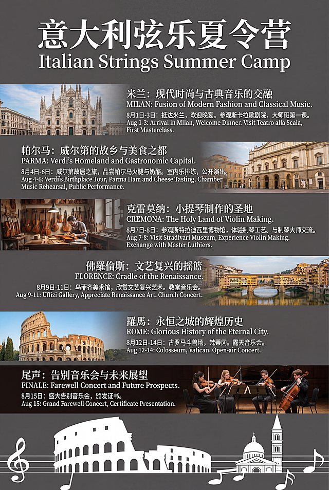设计一张A4尺寸的意大利弦乐夏令营宣传册，使用https://8.png作为背景图，将上传的其他8张图片对应内容（米兰、帕尔马、克雷莫纳、佛羅倫斯、羅馬等地标和演出场景图片）合理安排在对应行程文字旁，完整包含所有提供的中英双语文字内容，文字排版清晰优雅，整体风格高端简约，符合音乐艺术气质，保留背景的音乐音符和城市剪影设计感