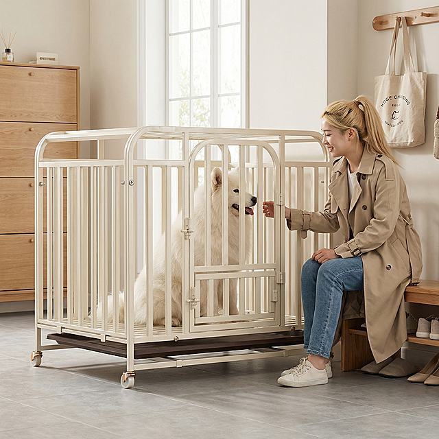 奶白色金属狗笼占据画面60%核心区域，保持物理结构绝对不变，放置在韩系入户玄关系列，浅灰色地砖，背景是原木鞋柜挂衣钩，ins韩系简约氛围，狗笼里面坐着一只成年萨摩耶，全新韩系美女坐在换鞋凳上逗狗，美女留高马尾，穿搭卡其色风衣牛仔裤，简约韩系，柔和入户自然光，低饱和卡其色调，画面干净清新，凸显狗笼主体，居中构图，平视拍摄，挂钩挂着帆布包，光影柔和干净，商业级4K超清，通透自然。保持1:1画面比例，西方面孔,金发,深眼窝,雀斑,杂乱,死黑阴影,硬光,高对比度,变形,扭曲,悬空,比例失调