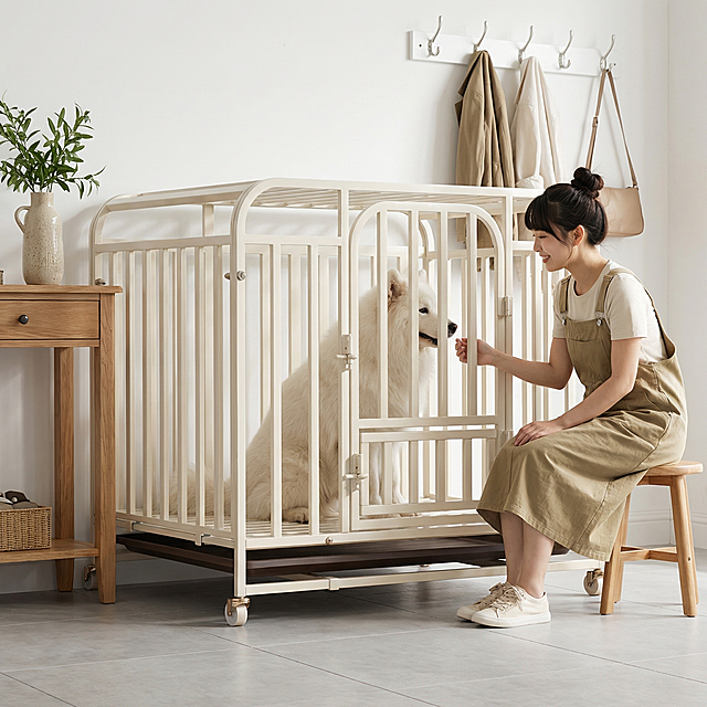 奶白色金属狗笼占据画面60%核心区域，保持物理结构绝对不变，放置在玄关原木边几旁，浅灰色地砖，背景白色墙面挂钩，清新明亮氛围，狗笼里面坐着一只成年萨摩耶，全新可爱东亚美女坐在边几旁凳子上逗狗，美女留齐刘海丸子头，穿搭卡其色背带裙，可爱甜美，柔和明亮入户自然光，低饱和卡其色调，画面清新明亮，凸显狗笼主体，三分法构图，平视拍摄，边几放陶瓷花瓶，光影明亮通透，商业级4K超清，通透自然。保持1:1画面比例，西方面孔,金发,深眼窝,雀斑,杂乱,死黑阴影,硬光,高对比度,变形,扭曲,悬空,比例失调