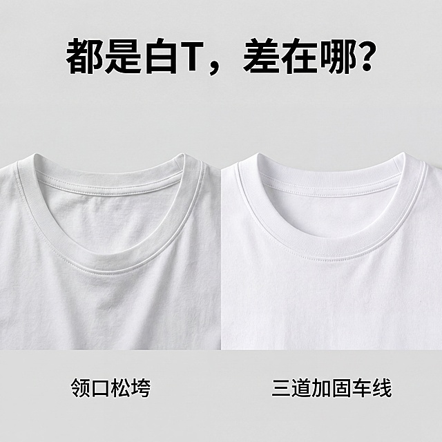 对比图，左边展示领口松垮的白T恤细节，右边展示带有三道加固车线的白T恤领口细节，保持产品细节和物理结构不变。
整体采用极简棚拍风格，浅灰色纯色背景，拉开景深。
柔和漫射柔光，明亮补光，凸显布料和车线的质感，对比明显。
居中对称构图，平视视角，左松垮右工整形成鲜明对比。
顶部添加大标题 "都是白T，差在哪？"，标题下方添加副标题，左侧标注文字 "领口松垮"，右侧标注文字 "三道加固车线"。
商业高端细节摄影，4K分辨率，极高材质细节，保持原图1:1比例。
