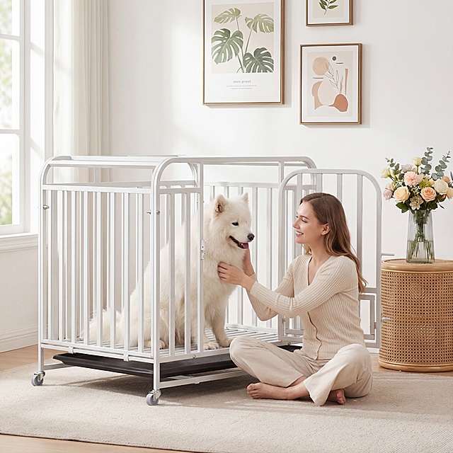 白色不锈钢狗笼，保持物理结构绝对不变，严禁扭曲变形。放置在客厅靠窗浅米色短绒地毯上，背景是大白墙搭配ins风装饰画，旁边放一个藤编边几，上面放一瓶浅色系鲜花。整体画面更清新透亮，低饱和奶油色调，柔和漫射自然光，阴影极淡，非常明亮干净。平视居中构图。狗笼里面坐一只成年白色萨摩耶，第四位不同的美女盘腿坐在旁边地毯上，温柔和狗狗互动，笑容清新，淡妆松弛。整体氛围超清新治愈，充满生活感，4K超清商业摄影，保持狗笼结构清晰完整。