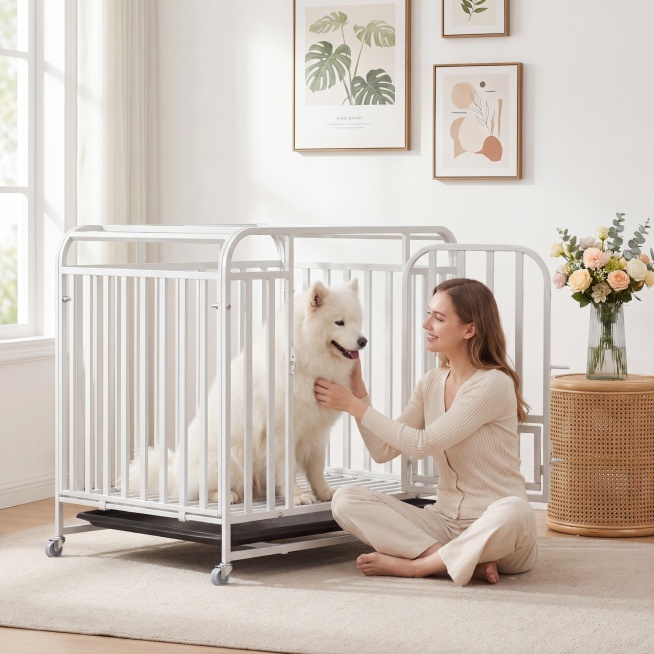 白色不锈钢狗笼，保持物理结构绝对不变，严禁扭曲变形。放置在客厅靠窗浅米色短绒地毯上，背景是大白墙搭配ins风装饰画，旁边放一个藤编边几，上面放一瓶浅色系鲜花。整体画面更清新透亮，低饱和奶油色调，柔和漫预览效果