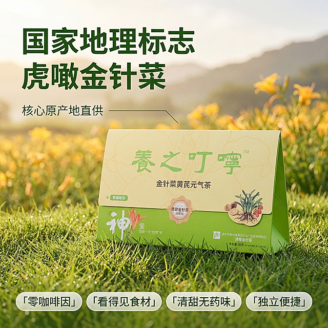 [主图 2] 金针菜黄芪元气茶核心产地溯源
[氛围/风格] 轻养生松弛感，户外草地自然场景，清新自然氛围
[画面元素] 产品包装盒放置在浅绿清新草地上，背景远处是连绵的金针菜种植田，自然阳光漫射，产品主体完整突出，背景虚化突出产品
[配色色系] 主色调清新绿，辅助色浅米黄，自然清新和产品风格统一
[视角构图] 平视略微俯视，景深适中，产品主体位于画面中心偏下
[文字版式] 左上角大字号绿色主标题 "国家地理标志 虎噉金针菜"，下方右侧用细引线连接产品标识，标注"核心原产地直供"，画面底部横向排列四个极简胶囊标签：「零咖啡因」「看得见食材」「清甜无药味」「独立便捷」，文字深绿色，背景半透明白色胶囊框，不遮挡主体，层级清晰