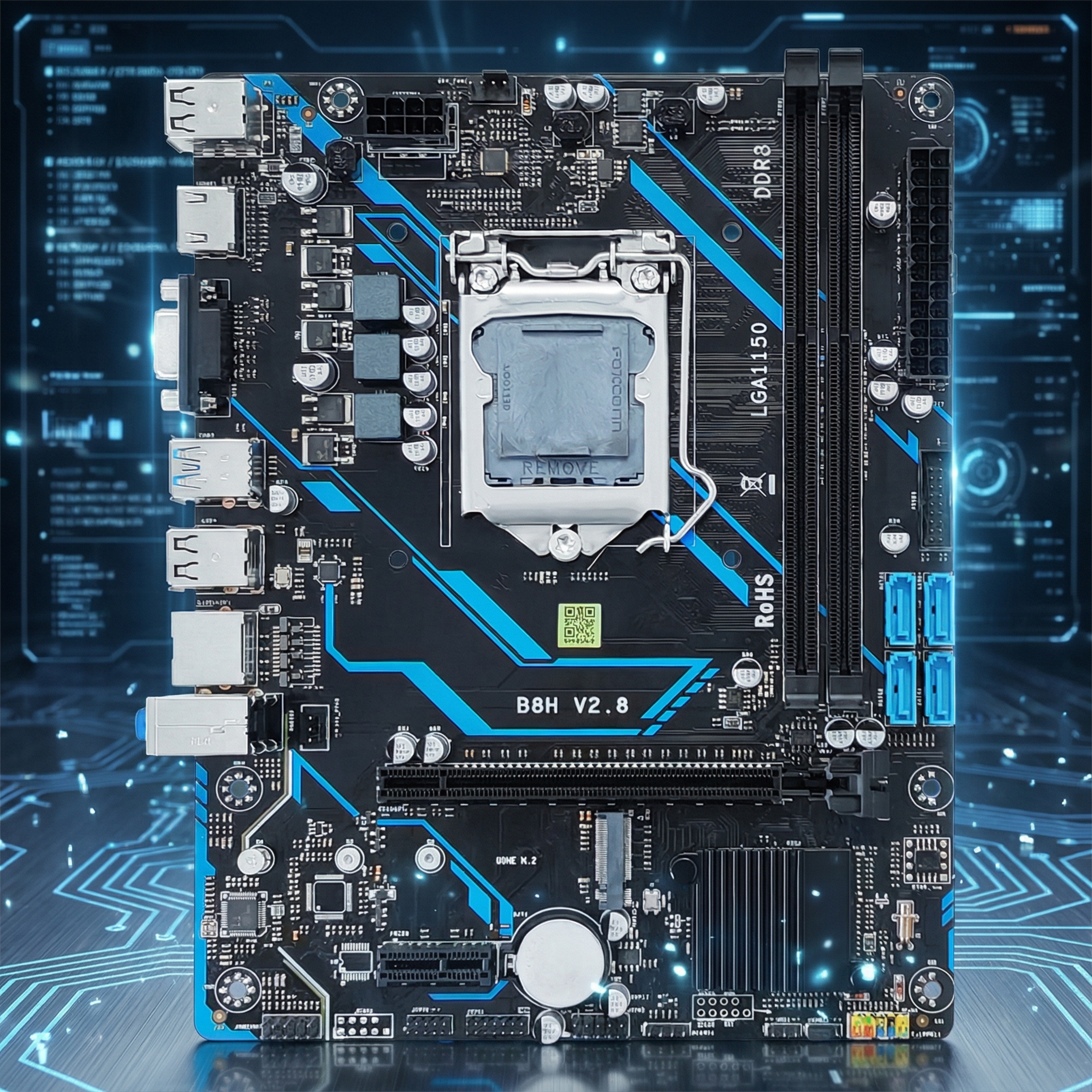 黑色蓝线B8H V2.8电脑主板，保留原有产品物理结构与所有文… - 图片创意预览