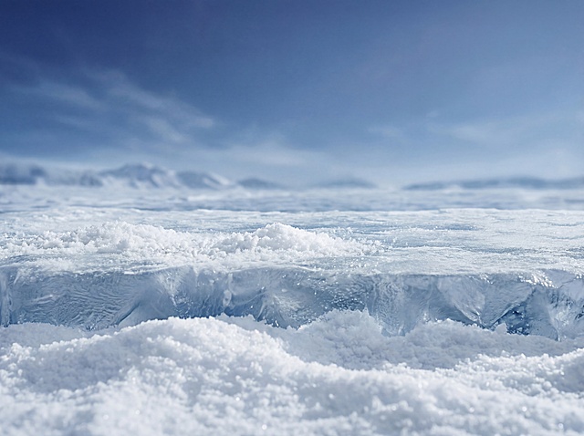 移除图片中的手持风扇产品，只保留原本的冰天雪地背景，前景是厚实的积雪和冰面，背景是渐变蓝色天空和远山，保持原有光影、材质和氛围感，超高清4K分辨率，细节自然完整