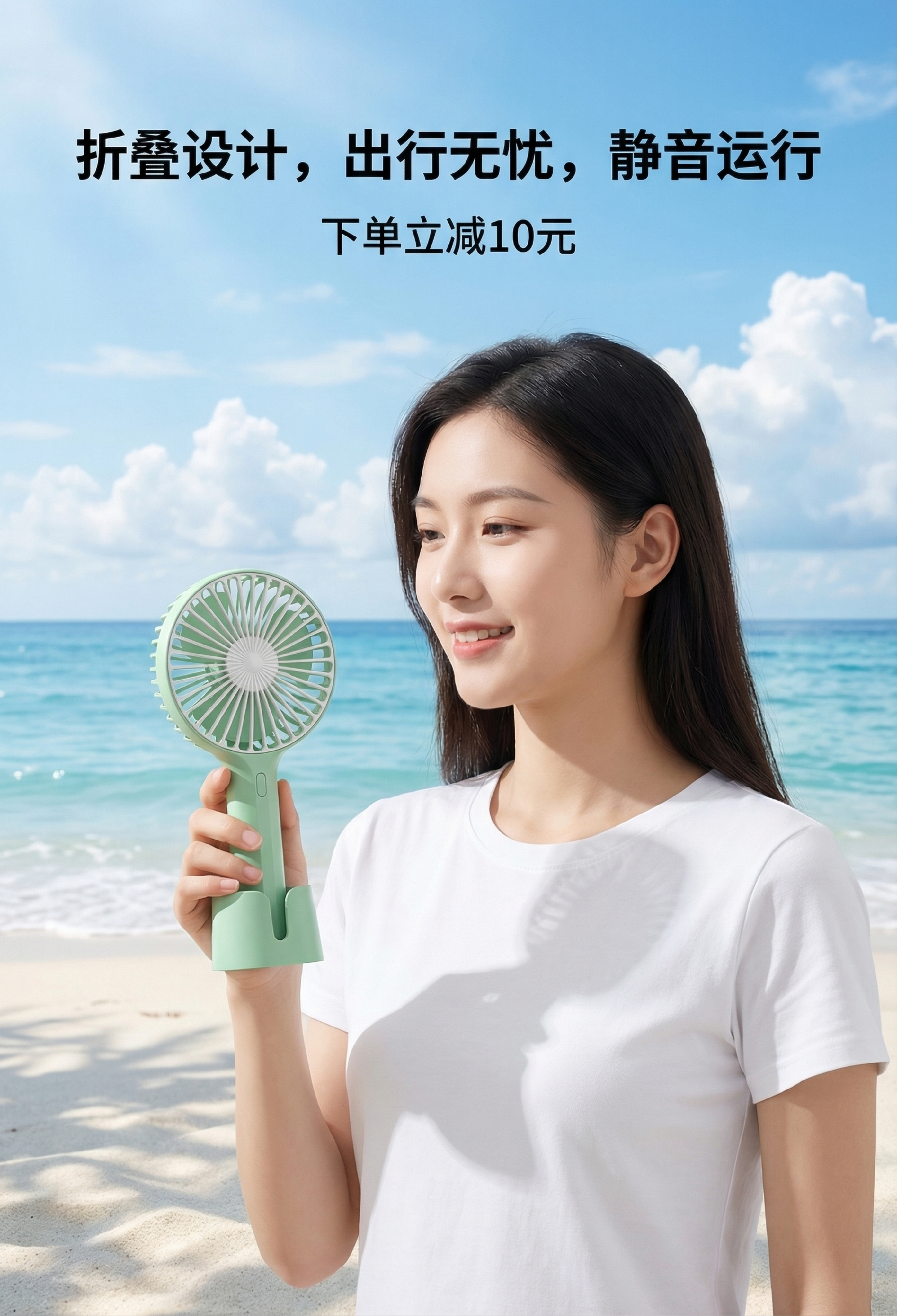 浅绿色手持便携式小风扇，保持产品物理结构绝对不变，按键接口位置… - 图片创意预览
