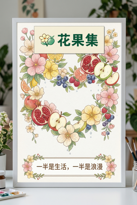 设计一张A3大小的灯箱海报，将提供的两个LOGO设计融入画面，参考第三张图的小清新花艺插画风格，画面结合清新的鲜花和新鲜水果，体现鲜活水润的灵感，画面新颖高清，色调清新自然，顶部放置LOGO"花果集"预览效果