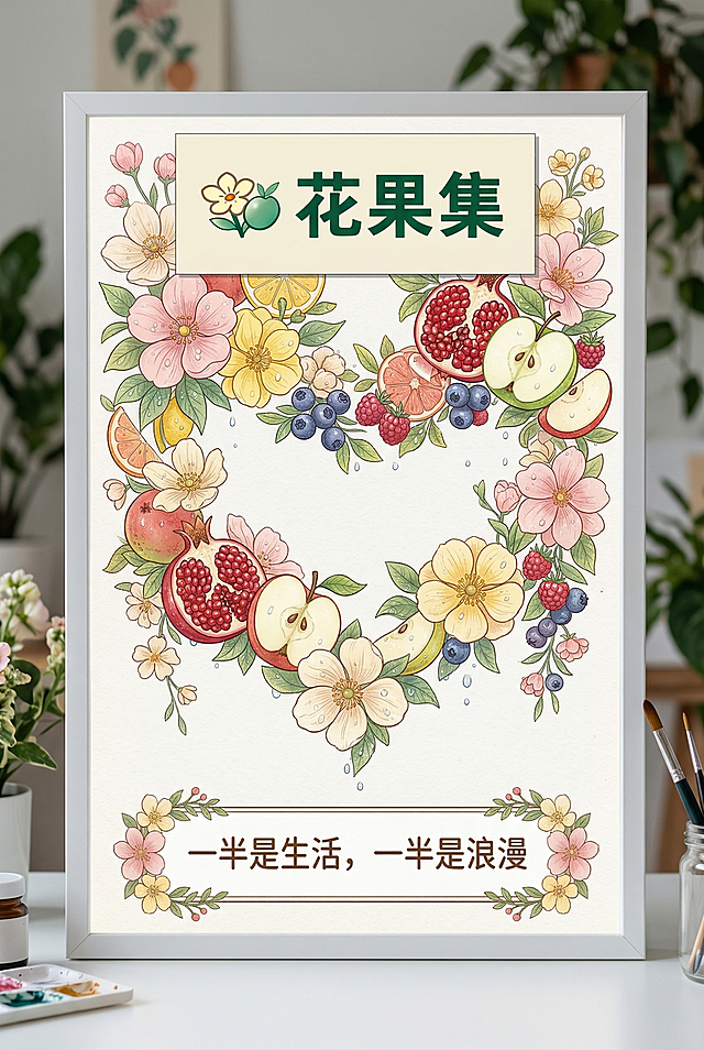 设计一张A3大小的灯箱海报，将提供的两个LOGO设计融入画面，参考第三张图的小清新花艺插画风格，画面结合清新的鲜花和新鲜水果，体现鲜活水润的灵感，画面新颖高清，色调清新自然，顶部放置LOGO"花果集"，底部放置标语"一半是生活，一半是浪漫"