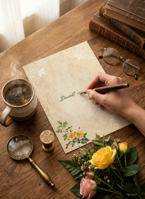 临窗的复古木质书桌，自然光洒入，一只手握着钢笔，在信纸上写字，周围摆放着玫瑰花、眼镜，复古书，泡有茶叶的陶瓷马克杯、木质印章与金属放大镜，信纸保留参考图的黄色花朵复古卷草边框设计。写实治愈系生活摄影风预览效果