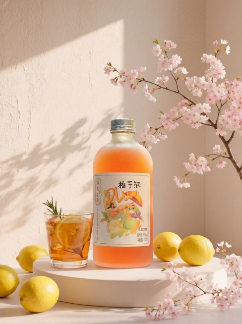 将梅子酒瓶子放在圆形展示台上，搭配柠檬和一杯加冰的梅子酒饮品，右侧点缀樱花，设计一张清新自然的梅子酒宣传海报，构图美观有设计感，暖色调，产品清晰突出预览效果