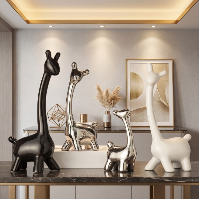 完全保留原图中4只陶瓷长颈鹿摆件原本的造型、颜色、细节、比例，不做任何造型修改，100%还原产品本身。摆件放置在现代轻奢家居软装场景中，暖调光影，营造高级氛围感。构图完整居中，展示所有产品，画面干净无预览效果