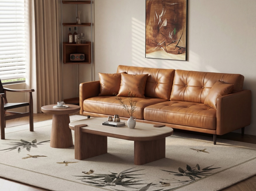 将图1场景中的黑色旧沙发替换为图2的棕色皮艺沙发，保持原图中茶几、边几、地毯、装饰画、文字等所有其他内容和布局完全不变，仅替换沙发主体。
图2新产品是焦糖棕色头层牛皮四人位沙发，软包拉点设计，搭配三个预览效果