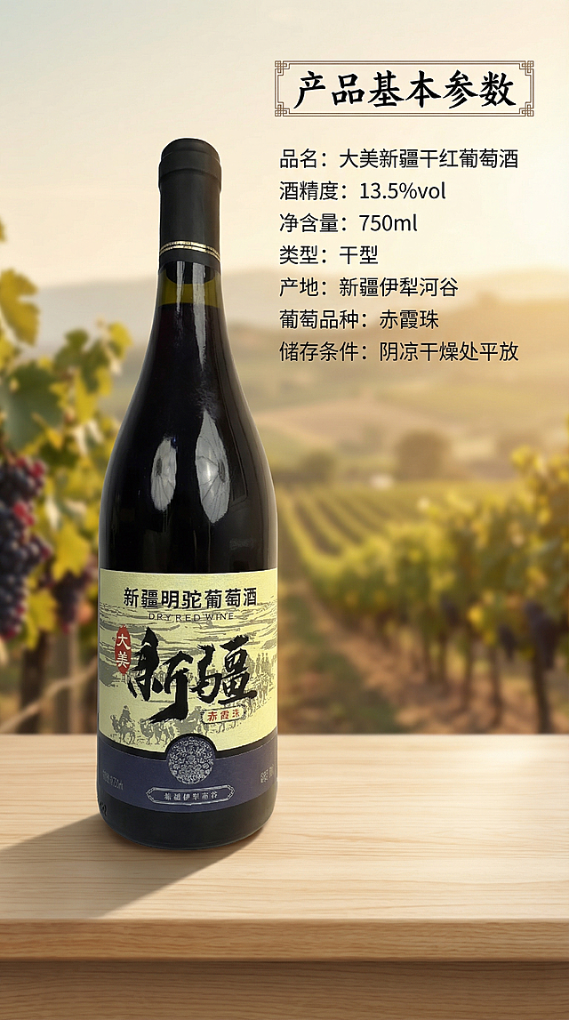 新疆大美干红葡萄酒产品参数详情海报，画面展示商品实拍，深黑色瓶身葡萄酒放置在浅色木质桌面，背景是朦胧的伊犁河谷葡萄田。添加模块标题"产品基本参数"，正文："品名：大美新疆干红葡萄酒
酒精度：13.5%vol
净含量：750ml
类型：干型
产地：新疆伊犁河谷
葡萄品种：赤霞珠
储存条件：阴凉干燥处平放"。排版清晰简洁，国风设计，保留画面呼吸感，暖调自然光影，9:16竖版构图，高级简约风格。
