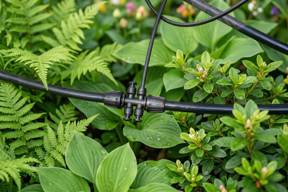 保持图中黑色塑料滴灌接头和水管的物理结构绝对不变，严禁扭曲变形。将原图的灰色背景替换为生机勃勃的绿色花园背景，周围环绕新鲜翠绿的植物叶片，营造自然清新的园艺灌溉场景。整体采用柔和漫射自然光，低对比度，预览效果