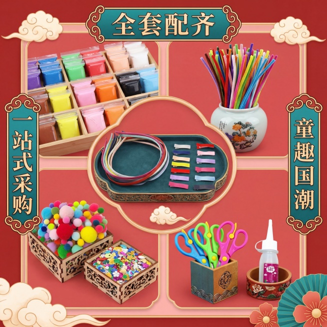 中式卡通国潮风正方形电商主图，浅红色背景，儿童手工材料包，分区域整齐展示所有配件，用中式边框标注文字："全套配齐"、"一站式采购"、"童趣国潮"，高清无水印，手机端展示清晰预览效果
