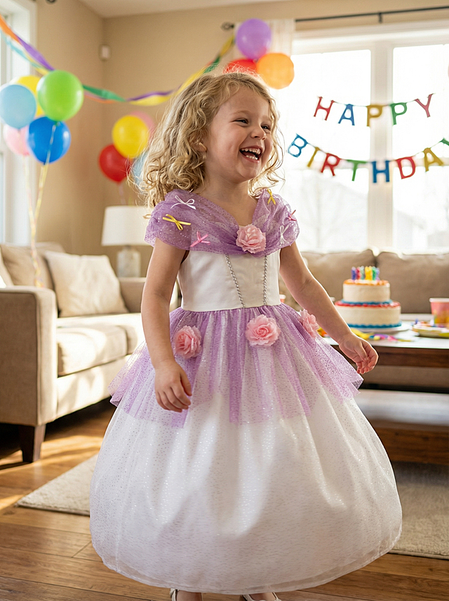 欧美小女孩穿着这件紫白拼色、带有粉色花朵装饰的蓬蓬公主裙，在温馨欢乐的生日派对场景中，背景有气球和彩带，高清真实摄影，适合吸引欧美母亲消费者
