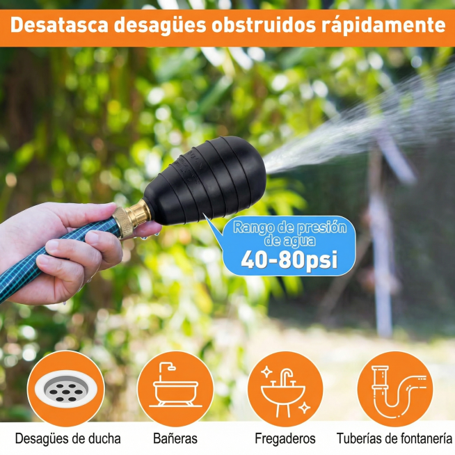 将图片中的所有英文文字替换为西班牙语，保持原图排版、颜色、图标和产品内容完全不变，修改图片尺寸为1200x1200：
顶部橙色标题：Quickly Clear Clogged Drains → Des预览效果