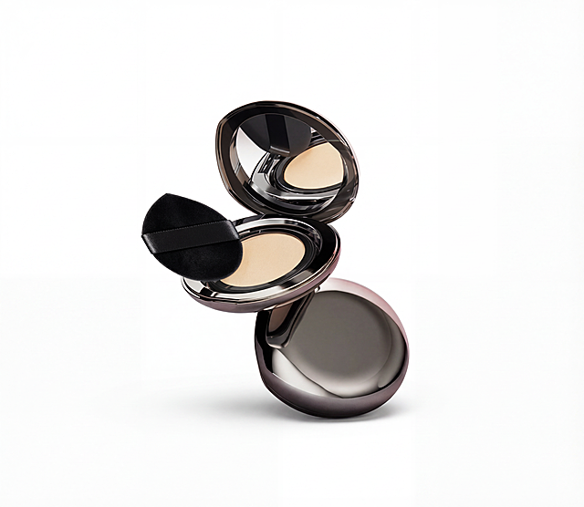 完美去底, 绝对 #FFFFFF 纯白背景, 必须生成真实接触阴影
专业商业棚拍光, 轮廓光, 体积光, 柔和接触阴影, 曝光绝对正确, 强烈的物理真实立体感, 居中构图, 商品主体占比严格控制在 60%-80% 之间
彩妆粉饼，渐变深灰紫色镜面圆形盒身，米黄色粉膏，黑色植绒粉扑
极致超清画质, 电影级CG渲染, 智能降噪, 深度细节锐化, 彻底消除模糊像素感, 8k分辨率, 修复一切划痕灰尘与指纹瑕疵, 恢复出厂崭新感
绝对锁定原图商品颜色, 精准还原金属镜面与粉膏材质纹理, 微距级材质纹理重构, 保留原图透视角度不矫正, 去掉产品上所有文字, 完美无瑕疵, 崭新出厂质感
