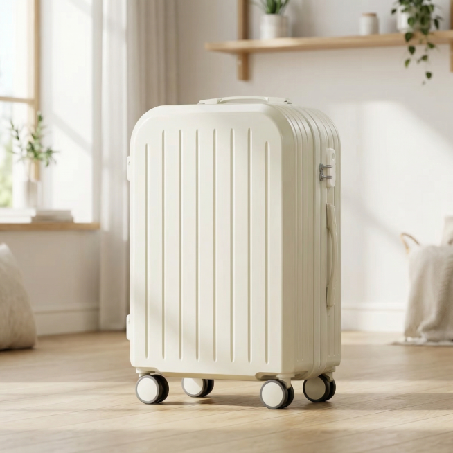 奶白色竖条纹行李箱，保持原产品物理结构绝对不变，箱体、拉杆、滚轮所有部件完整保留，严禁扭曲变形塌陷。将背景替换为室内小清新风格，简约原木风家居场景，浅木色地板搭配白色哑光墙面，窗边透入柔和自然光。整体预览效果