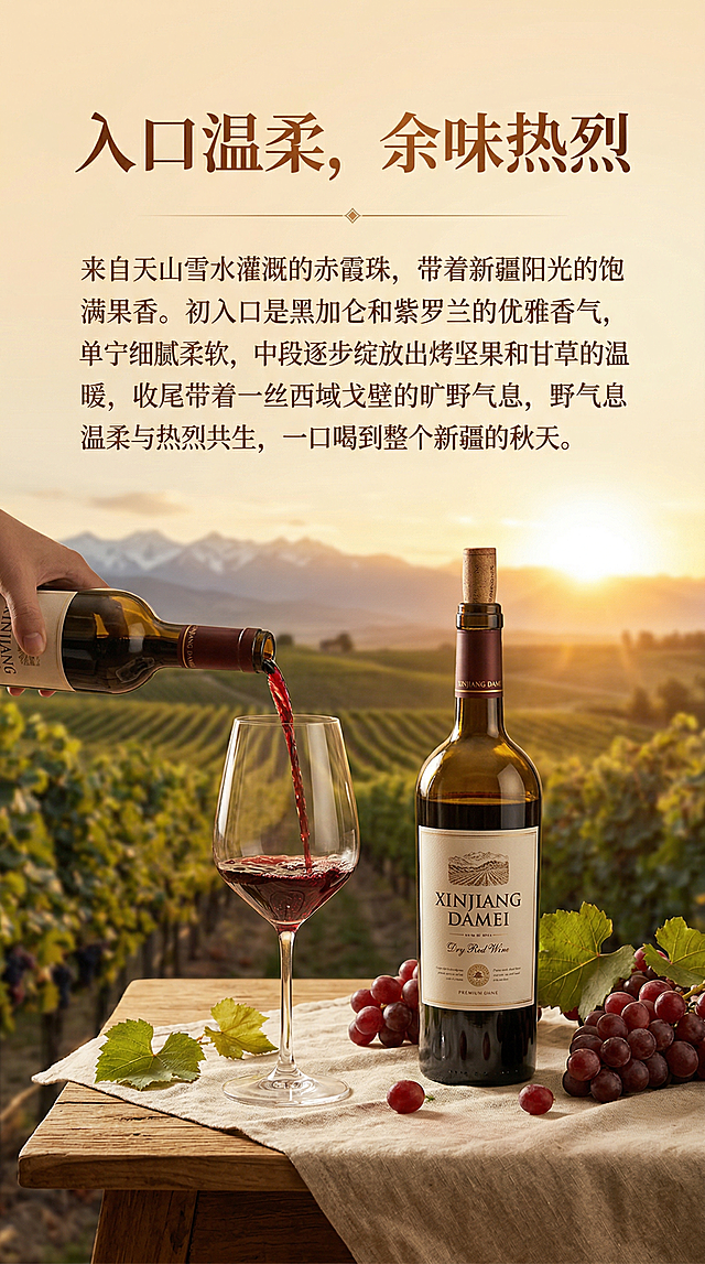 新疆大美干红葡萄酒品酒口感海报，画面展示倒入红酒的高脚杯，旁边放着酒瓶，背景是柔和的新疆葡萄园日落风光。添加模块标题"入口温柔，余味热烈"，正文："来自天山雪水灌溉的赤霞珠，带着新疆阳光的饱满果香。初入口是黑加仑和紫罗兰的优雅香气，单宁细腻柔软，中段逐步绽放出烤坚果和甘草的温暖，收尾带着一丝西域戈壁的旷野气息，温柔与热烈共生，一口喝到整个新疆的秋天。"。排版优雅高级，暖调氛围光影，保留产品清晰，9:16竖版构图，符合国内电商种草风格。