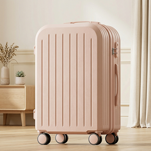 裸粉色磨砂拉杆行李箱，保持产品角度和大小完全不变，保持物理结构绝对不变，严禁扭曲变形。将背景替换为明亮温馨的室内小清新风格，浅米色奶油风空间，浅木色地板，窗边漫射柔光，整体氛围干净治愈，低饱和度莫兰迪色系，商业高端摄影，4K超清。负向词：西方面孔,金发,深眼窝,雀斑,杂乱房间,死黑阴影,硬光,乡村风,高对比度,欧美妆容,接口错位,塌陷,扭曲,划痕,廉价塑料感,摄影灯,水印,文字,昏暗,比例失调,模糊,粗糙边缘,畸变,透视错误,杂乱背景,同类商品