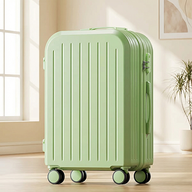 牛油果绿色磨砂拉杆行李箱，保持产品角度和大小完全不变，保持物理结构绝对不变，严禁扭曲变形。将背景替换为明亮温馨的室内小清新风格，浅米色奶油风空间，浅木色地板，窗边漫射柔光，整体氛围干净治愈，低饱和度莫兰迪色系，商业高端摄影，4K超清。负向词：西方面孔,金发,深眼窝,雀斑,杂乱房间,死黑阴影,硬光,乡村风,高对比度,欧美妆容,接口错位,塌陷,扭曲,划痕,廉价塑料感,摄影灯,水印,文字,昏暗,比例失调,模糊,粗糙边缘,畸变,透视错误,杂乱背景,同类商品