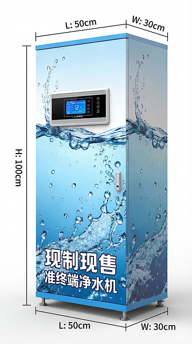 将原图片修改：1.调整整机尺寸比例，修改为高:长:宽=100厘米:50厘米:30厘米的比例，更新图中尺寸标注；2.删除箱体右侧板的白色挂件，然后按照箱体已有的水元素水花图案，将删除挂件后的区域续上匹配的水纹图案，保持整体风格一致