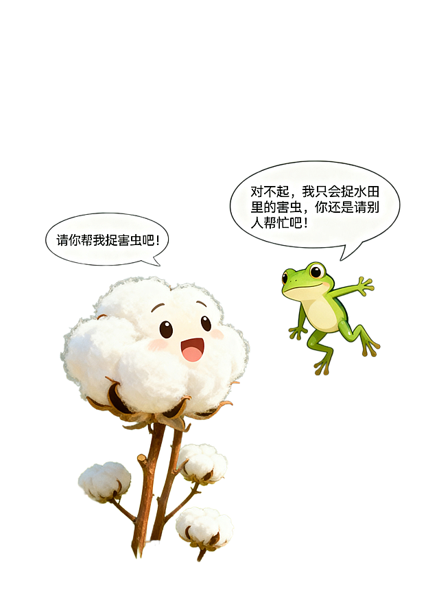 基于原图，替换为一只跳来的青蛙动画形象，棉花表情为高兴状，对话内容：棉花说‘请你帮我捉害虫吧！’，青蛙回应‘对不起，我只会捉水田里的害虫，你还是请别人帮忙吧！’，保持森林背景、棉花有枝干无腿、整体卡通风格, 3:4比例