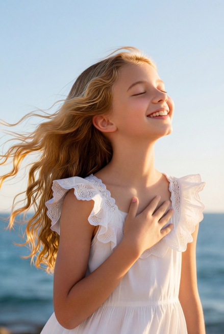 保持图片内容、构图、动作、色彩及柔和阴影细节完全不变，仅调整尺寸至5000x8000PX，确保高清画质与细节拉满：超写实专业人像摄影，15岁左右外国可爱小女孩，金色长卷发被风吹起一点，发丝自然柔和，闭预览效果