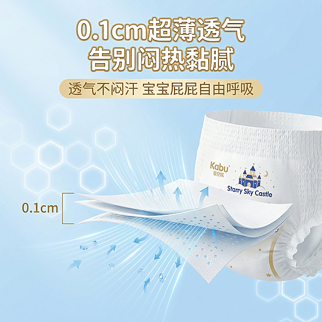 1:1 竖版电商主图，严格还原卡布 kabu 星空城堡系列婴儿拉拉裤产品细节和包装设计，产品外观与参考图完全一致，不改变包装设计、配色和品牌元素，保持哑光无纺布材质质感。画面主视觉为产品厚度特写 + 透气可视化效果用透视线展示透气孔结构，突出 0.1cm 超薄厚度。主标题为「0.1cm 超薄透气 告别闷热黏腻」，采用圆润无衬线加粗字体，白色 + 金色描边，位于画面上方居中位置；副标题为「透气不闷汗 宝宝屁屁自由呼吸」，采用圆润无衬线浅金色字体，位于主标题正下方。信息布局为中间产品厚度特写 + 透气效果、上下分布卖点文字，背景为浅蓝渐变，点缀透气纹理元素，整体风格精致杂志风，高级感，卖点可视化，高清 8K，细节拉满，无割裂感，文字格式统一。负面提示：禁止产品变形、改变厚度展示、模糊、色差、多余元素、文字乱码、割裂感、低分辨率、粗糙质感、非 1:1 比例、透气效果失真。