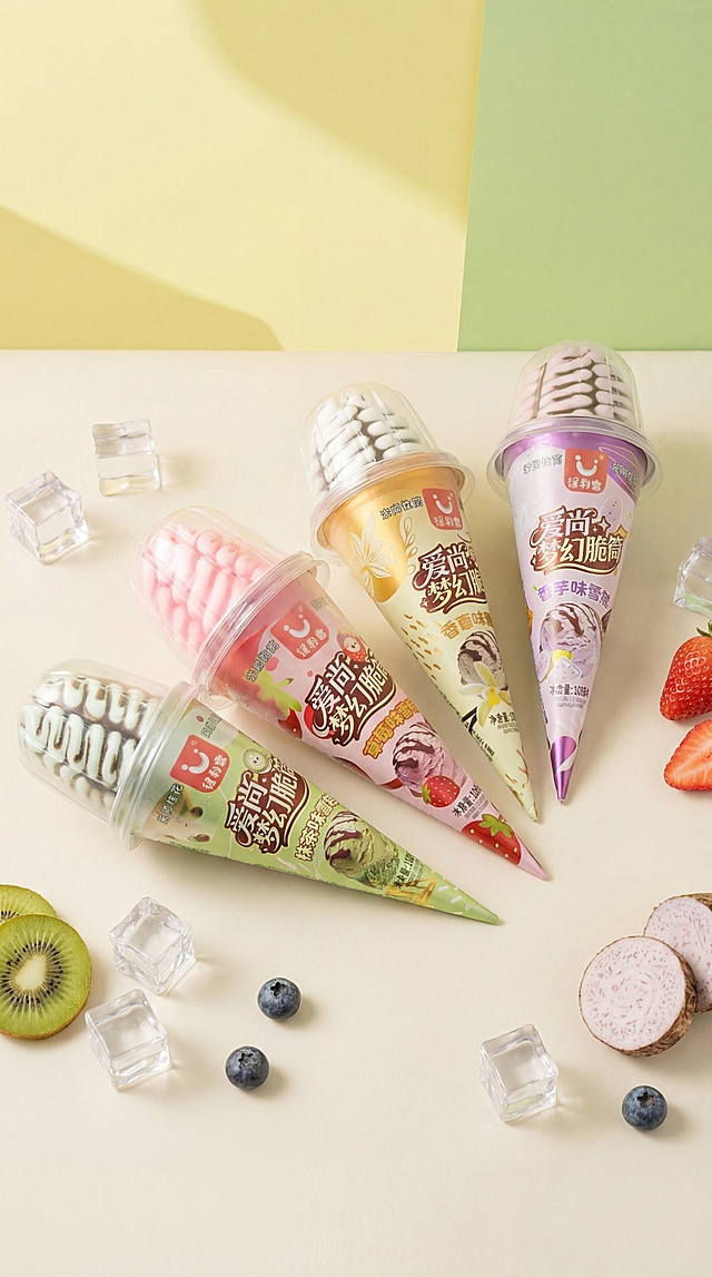将这四款爱尚梦幻脆筒雪糕生成创意摆拍场景图，参考第二张图的构图和浅黄绿色清新色调，相似度50%。保持四款雪糕包装原有文字和Logo不变，保持产品原有形态、结构和颜色不扭曲变形。
浅黄绿色清新莫兰迪色调，搭配透明冰块和新鲜水果作为点缀，放置在干净的浅米色平面上。
全屋漫射柔光，低对比度，阴影极淡柔和，画面明亮干净。产品受光面泛起浅米暖色，暗部及边缘映射浅草绿色的光晕，绝对禁止纯白高光，彻底物理融合。
主体居中偏下倾斜摆放，采用特写构图，保持产品整体都在画面中。
微调视角为微侧，替换背景为干净清新的浅黄绿色块抽象设计，保持整体排版和文字排版风格参考第二张图，消除原图品牌文字外的多余文字。
严格锁定宽高比为9:16，4K分辨率。