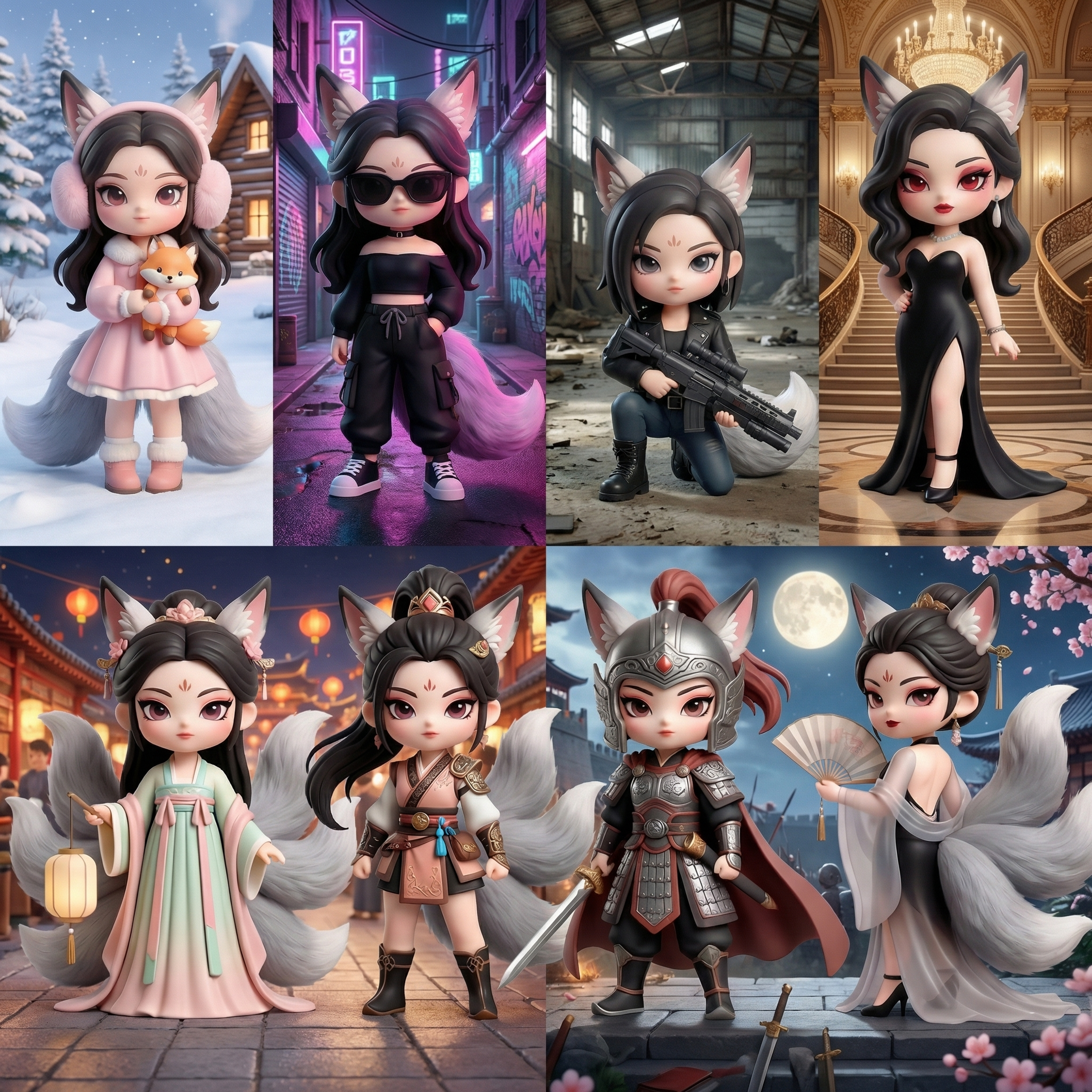 保持图中8个狐耳IP形象的外观特征不变，根据每个IP的穿搭风格… - 图片创意预览