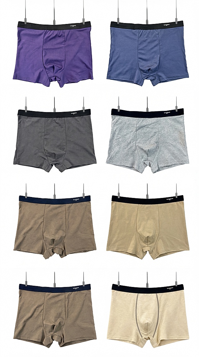 基于提供的6款不同颜色的男士内裤，参考最后一张6宫格白色背景图的布局，生成6宫格男士内裤颜色参考图。要求白色干净背景，每一款内裤保持原颜色，有悬挂感，内裤整洁无折皱，整体相似度达到90%，腰头上LOGO文字为"XIANGSUN 橡隼"，LOGO文字的大小位置字体颜色100%参考商品主体图，图片比例9:16，4K高清画质。